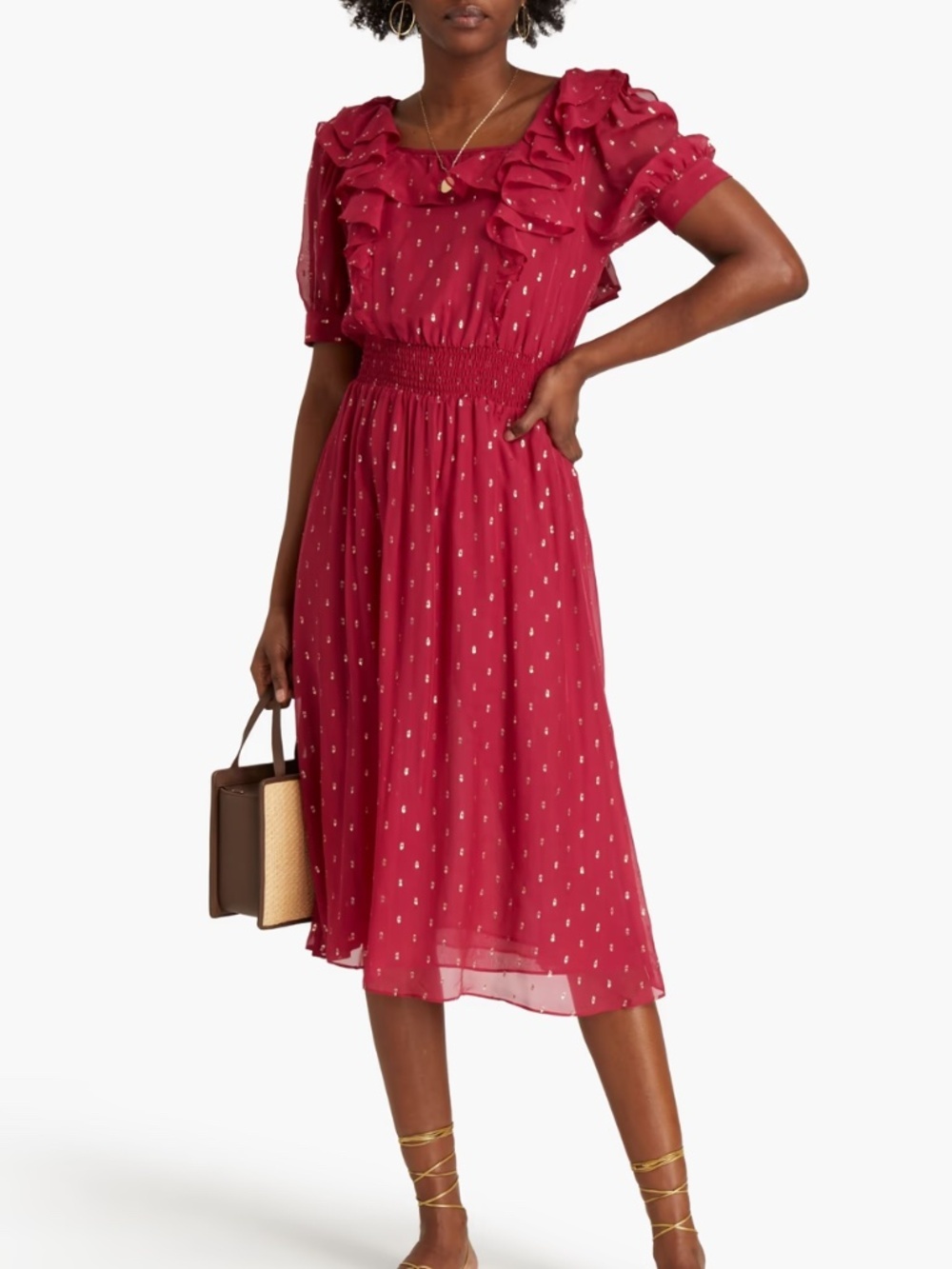 NWT BA&SH Romeo Silk Blend Metallic Spotted Ruffled Dress NWT Red Gold SMALL